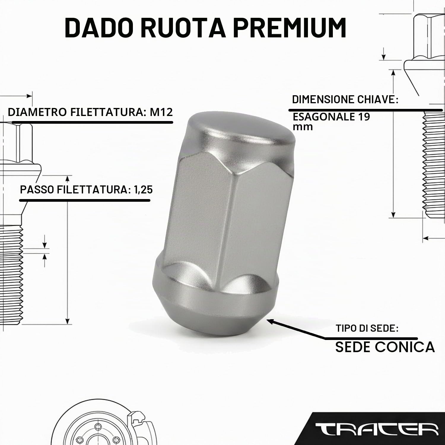 20 dadi conici per ruota chiusi M12 x 1,25 HEX19 SU LA