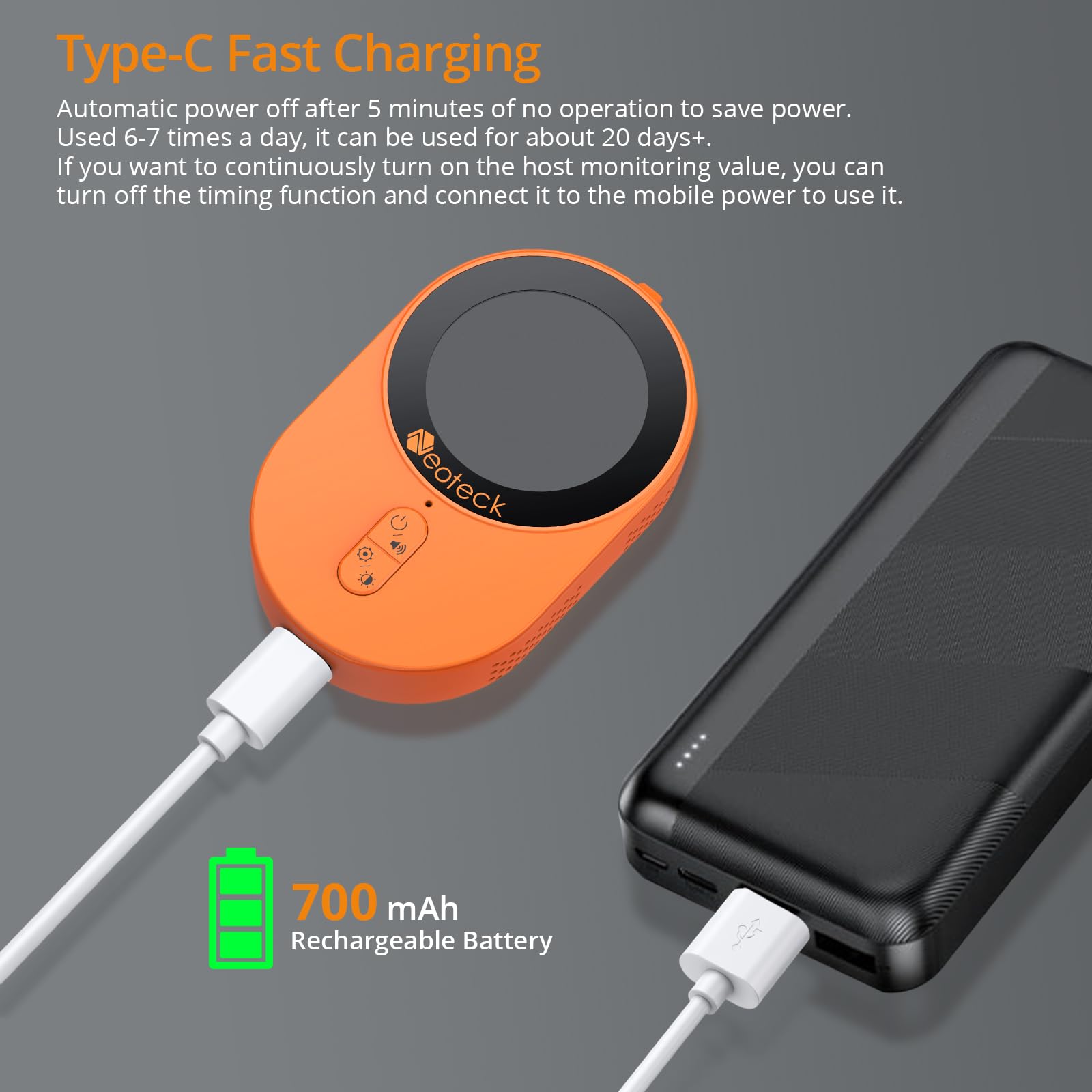 Neoteck Mini Detector de CO 1s Refresh Detector de Monóxido de Carbono con Alarma de Zumbador y Cordón, 700mAh Batería Recargable Incorporada para Camping, Caravaning, Hogar, Coche, etc.