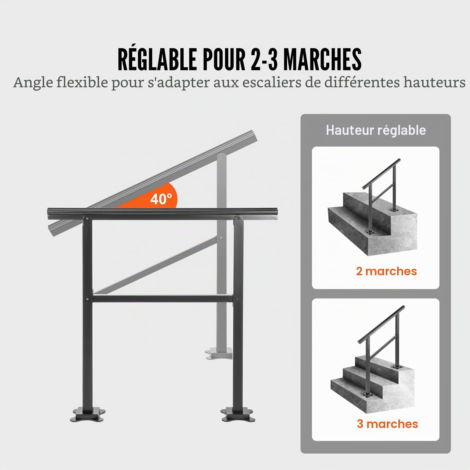 VEVOR Main Courante Escalier 91x89,5 cm Rampe Aluminium Réglable 0-30° Rambarde 2-3 Marches Garde-Corps Capacité 75 kg Épaisseur Tube 2 mm Base 13,2x13,2x0,5 cm pour Jardin Extérieur Maison Bâtiment