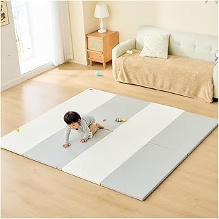 GU MODE プレイマット シームレスプレイマット ベビーマット 折りたたみ 持ち手が付く 厚み3cm 収納しやすい 厚手 ノンホルム 防水 防音 (グレーｘホワイト,180x200cm)
