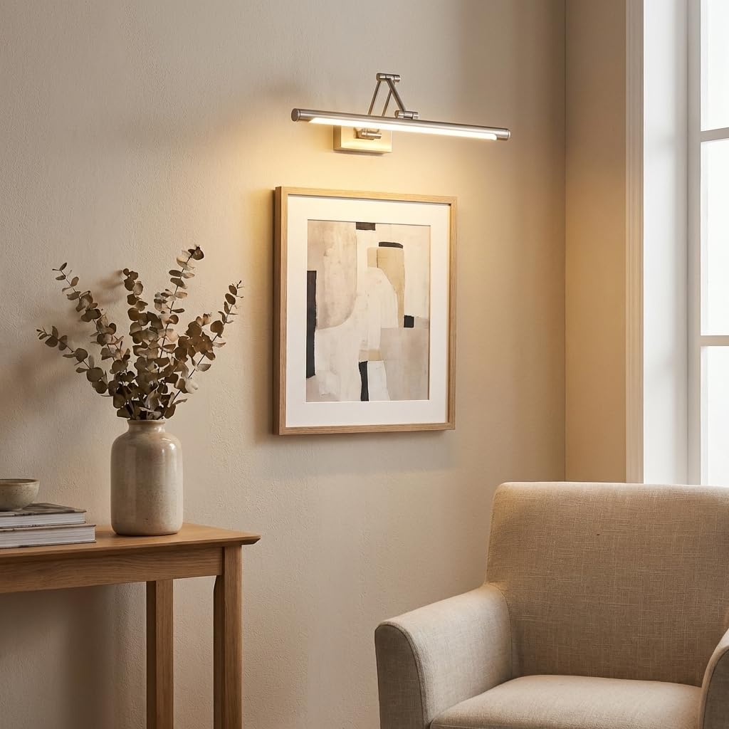 Alpinaluz Aplique LED para Cuadros 60 cm 12W en Aluminio Color Níquel con Brazo Doble Articulado Orientable en 3 Ejes, Luz Cálida 2800K, Diseño Moderno Elegante para Iluminación Interior en Estudio