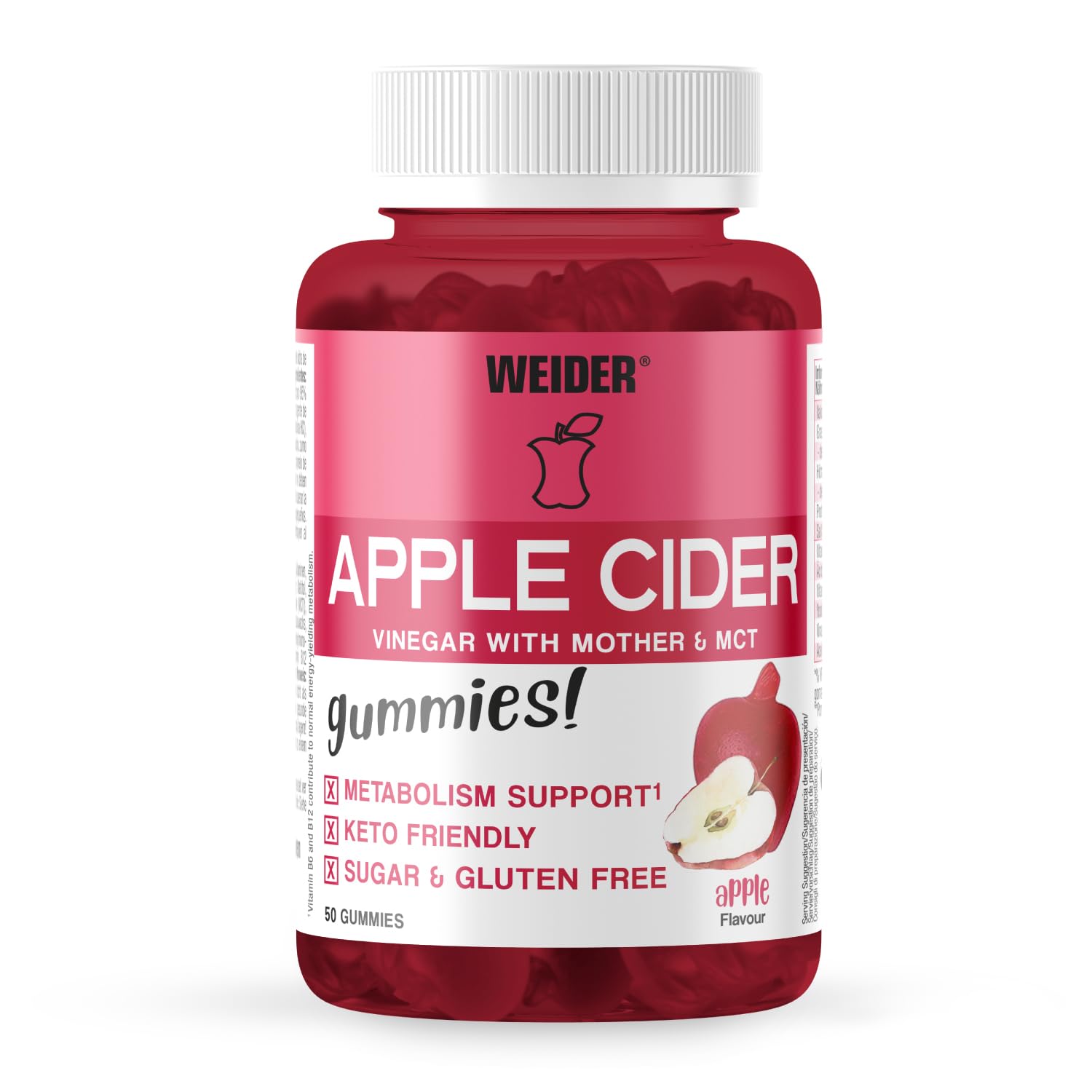 Weider Apple Cider Vinegar Gummies - Gummies with Apple Cider Vinegar and Coconut Oil - Vitamins B6, B9, B12 - metabolic Enhancement - Keto Diet - Vegan - allergen Free - 50 Gummies