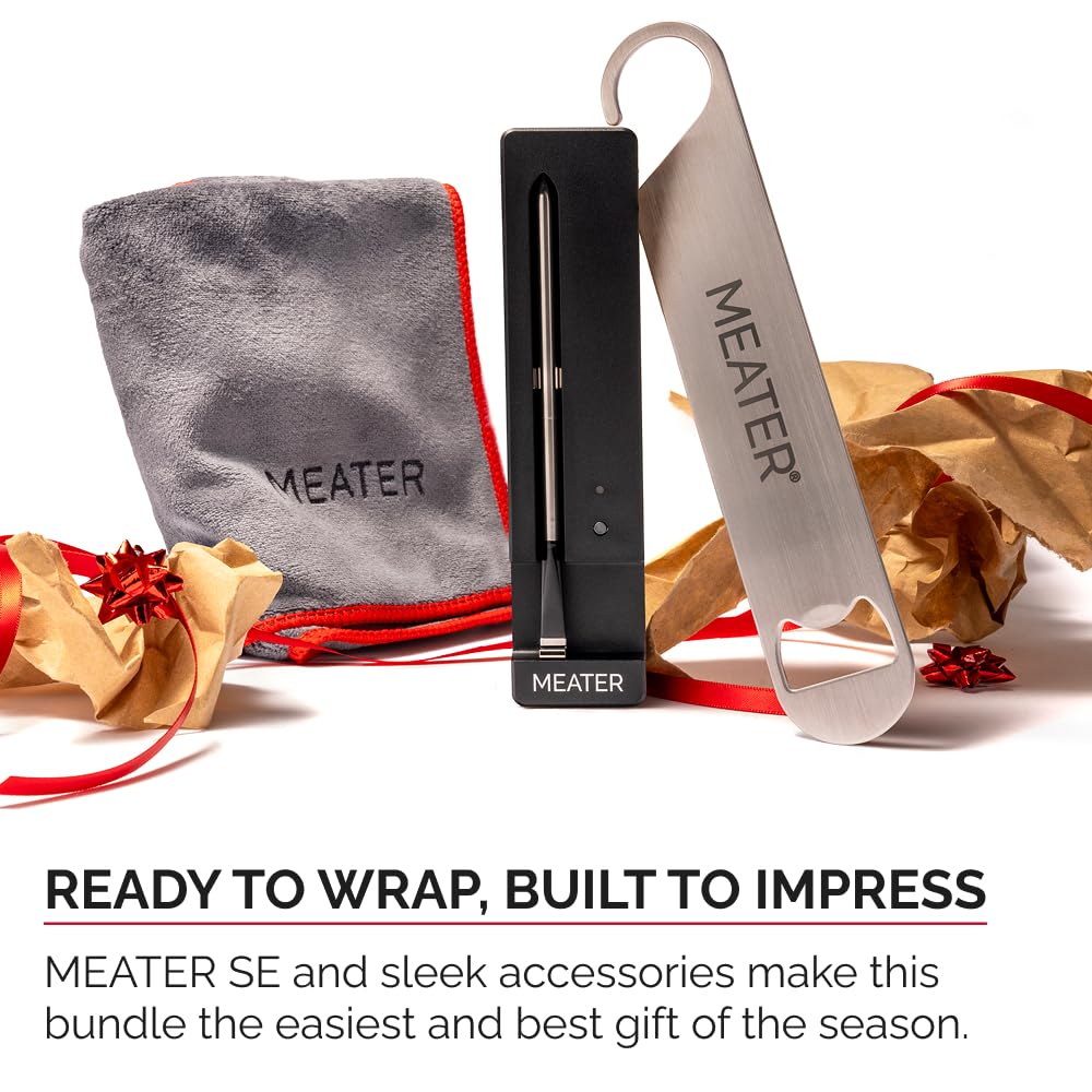 MEATER SE Wireless Thermometer w/Towel & Bar Blade, Black, 165ft Bluetooth | Smart Bluetooth kitchen thermometer, 165ft range, with microfiber towel and bar blade bottle opener. Easy weeknight meals.
