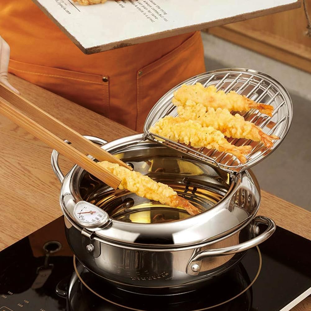 Frying Pot With Basket And Lid, Stainless Steel Pan With Lid, Stainless Steel Deep Fryer Pot Temperature Control And Oil Drip Drainer Rack for Kitchen Stove Induction Cooker French (9.44IN)