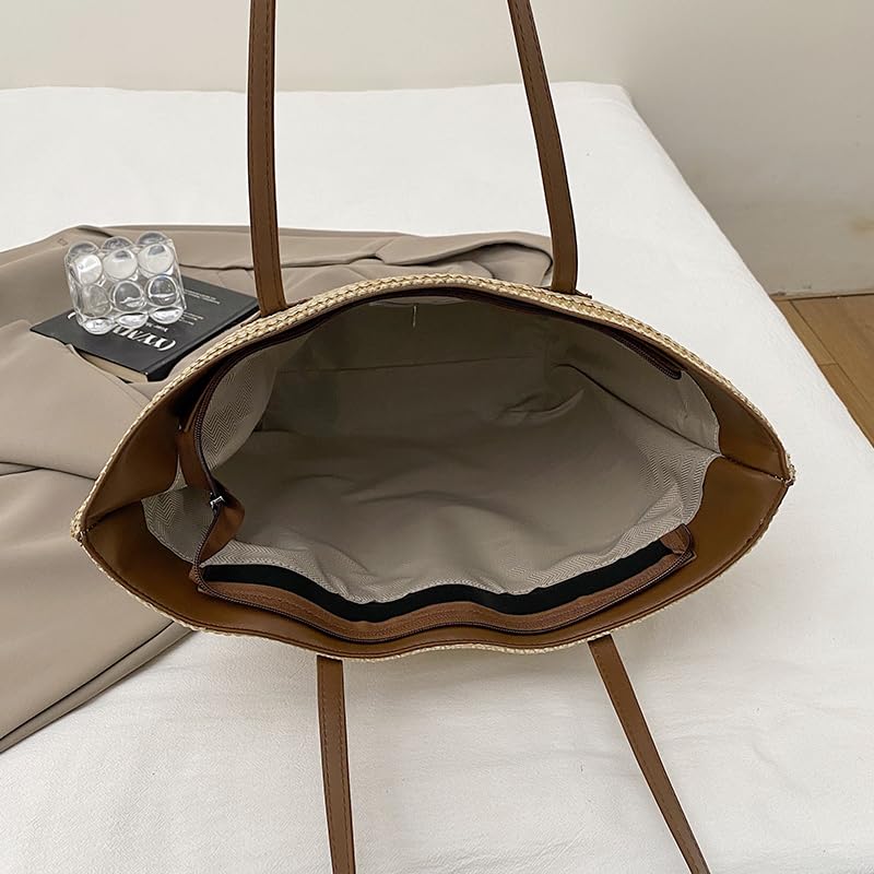 Women Elegant Woven Handbag Large Capacity All-Match Shoulder Bag Wear Resist Seaside Straw Shoulder Bag Travel Vacat2