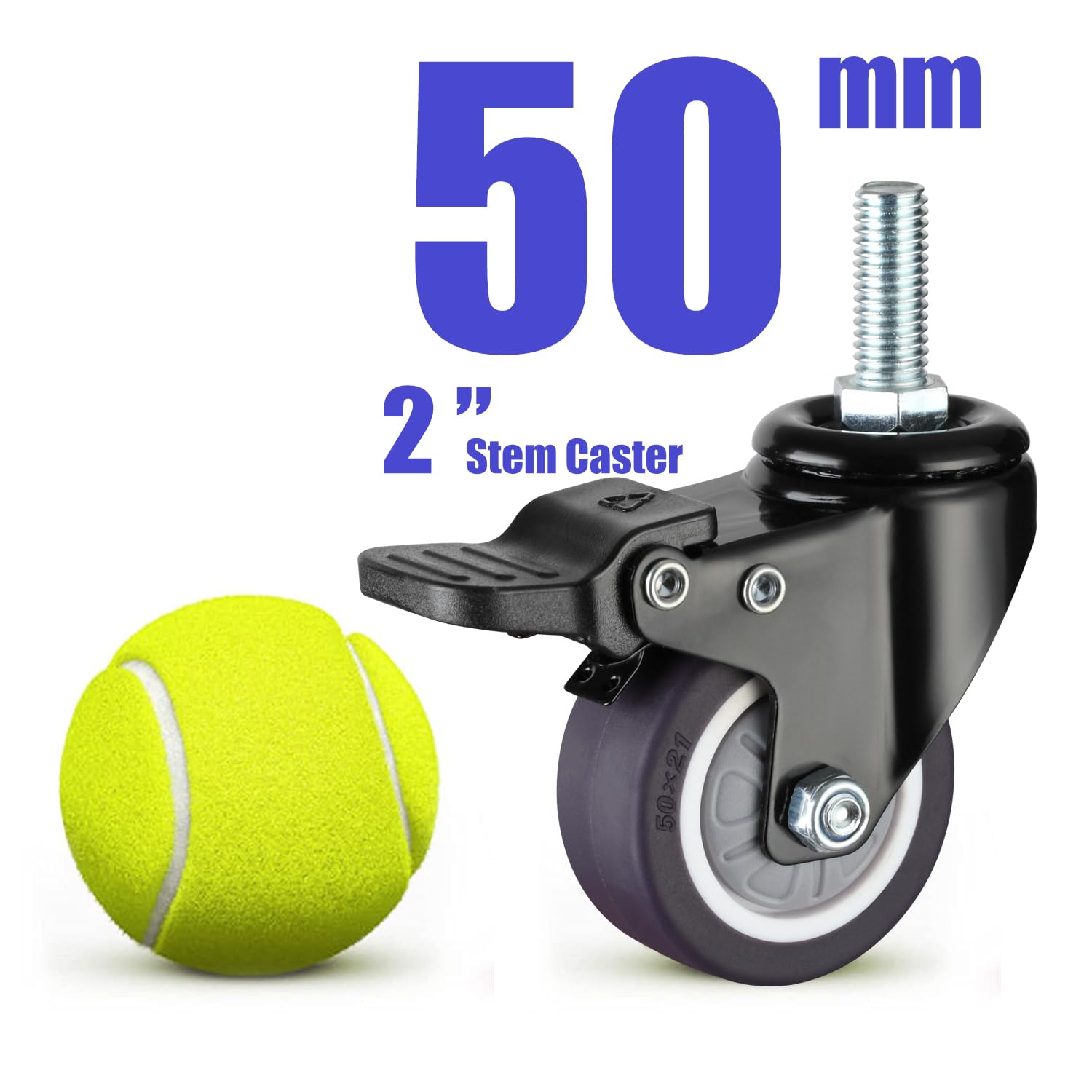 EMCOMS 2 Inch Stem Caster Wheels with Safety Dual Locking, Heavy Duty Threaded Stem Casters, 2pcs No Noise Swivel Castors with Brakes + 2pcs Swivel Threaded Stem Casters Included (Mini Wrench+Nuts)