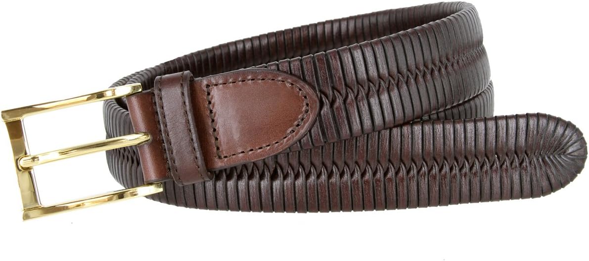 BL040 Polished Gold Plated Buckle Center Weaved Genuine Leather Dress Belt 1-1/4" - Image 3