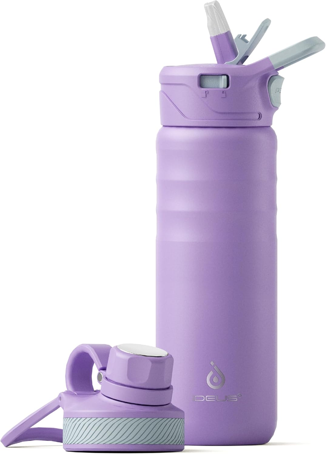 IDEUS Botella de agua aislada de acero inoxidable con 2 tapas a prueba de fugas, termo para senderismo, ciclismo, 24 onzas, violeta
