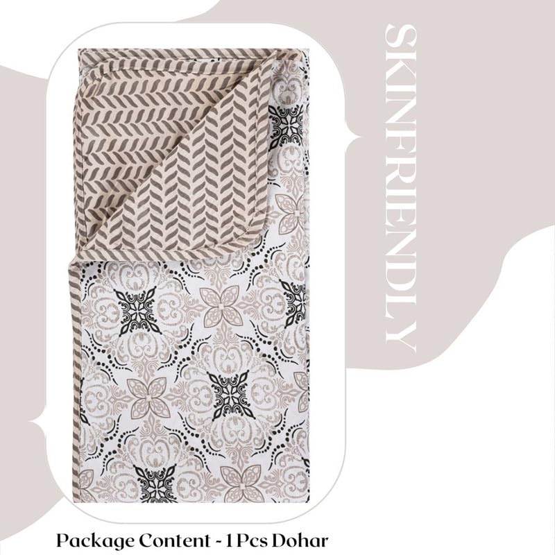 Image of VAS COLLECTIONS Pure Cotton 120 GSM Reversible Soft Lightweight Printed Single Bed Blanket /AC Dohar /Skin Friendly Dohar-152 x 225 cm - Off White & Black