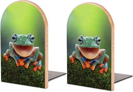 Amazon アマガエル 空飛ぶカエルの笑い声 ペア木製ブックエンド滑り止めブックスタンドオフィスホーム用ナチュラルブックシェルフ ゴルフ