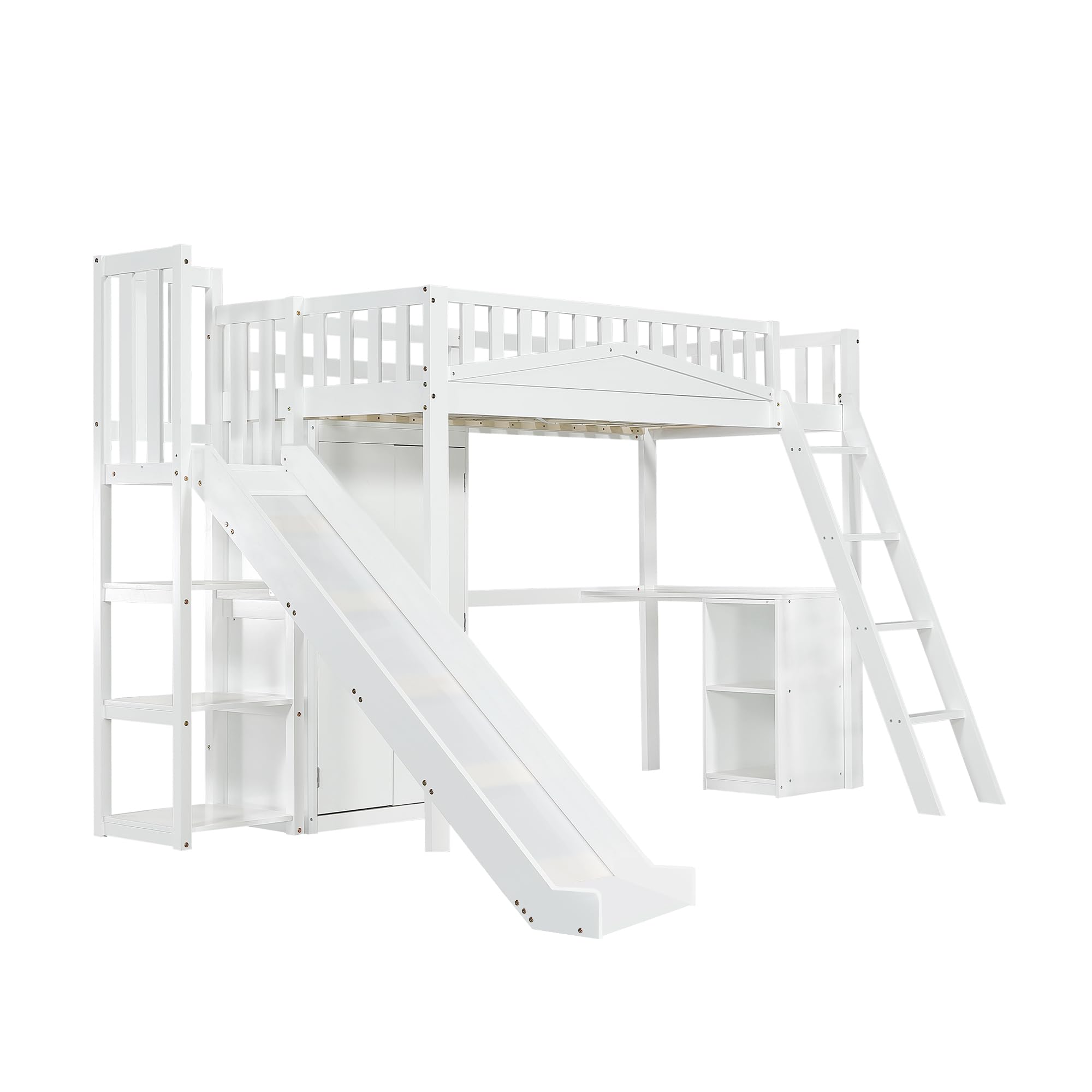 Dolamaní Hochbet 90x200 cm mit Kinder Rutsche und Kleider Schrank, Kinderbett mit Fallschutzgitter und Schreibtisch, Reichlich Stauraum, Kiefer Holzbett (Weiß B)