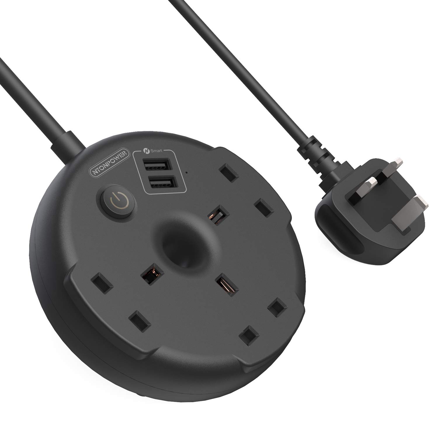 Extension Lead with USB Slots, NTONPOWER Bagel Power Block, Wall Mountable 3 Way Plug Board mit 1.5 meter Extension Cable, 13Amp Fused UK Electrical Power Strip for Office, Bedroom and Travel- Black