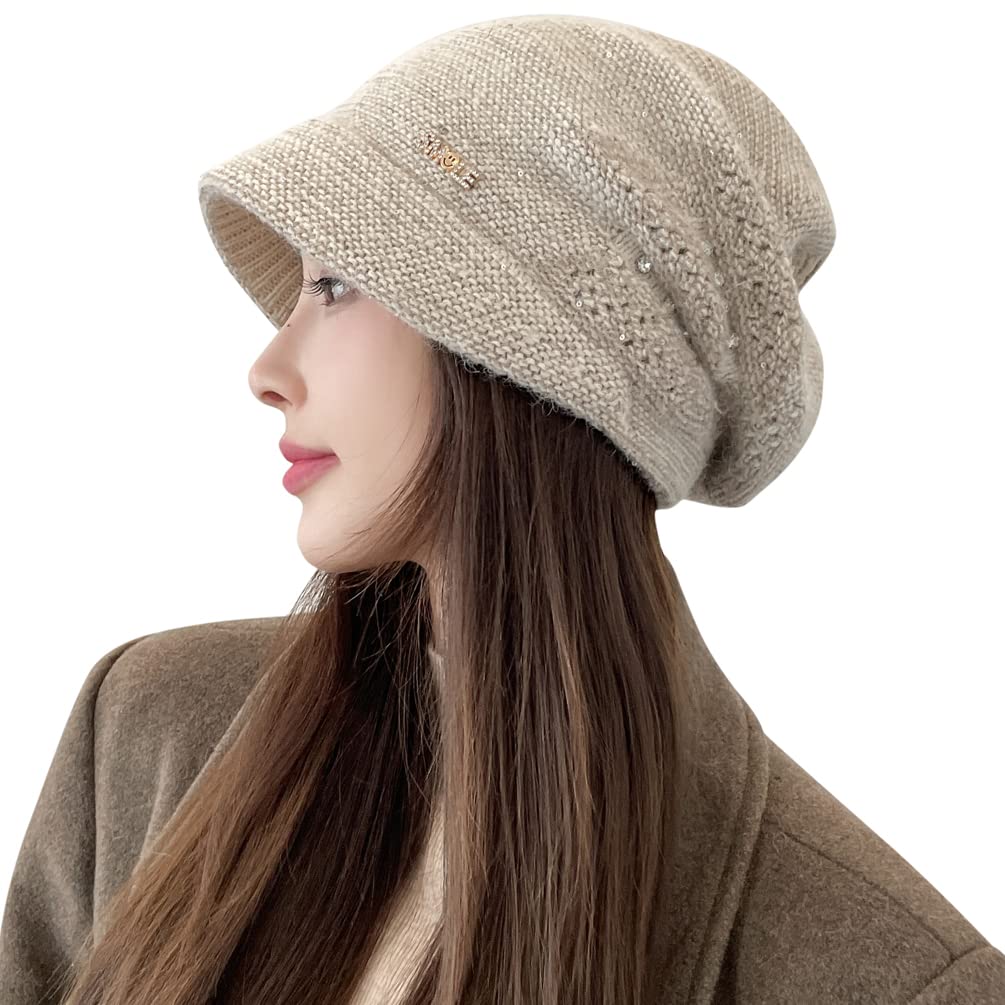 YUSSTAR Slouchy Knit Beanie With Brim - Visor Bill Baggy Winter Hat For Women (Beige) - View #11