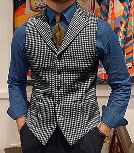 Mens Retro Wool Suit Vest Houndstooth Waistcoat Tweed Herringbone for Tuxedos2