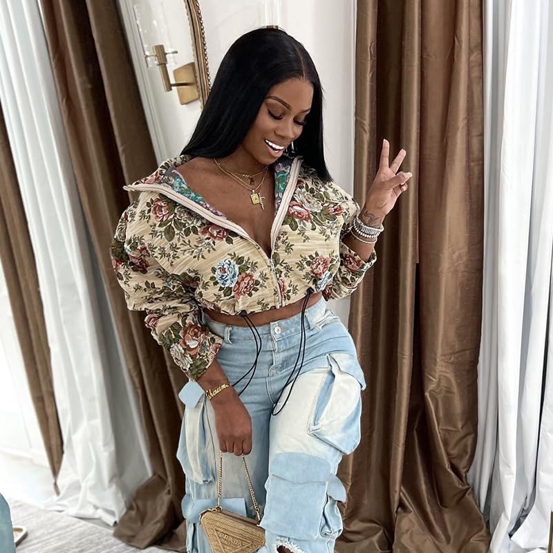 Womens Floral Print Jacket Cropped Bomber Jacket Long Sleeve Zipper Vintage Outwear with Strap Varsity Coats for Women4