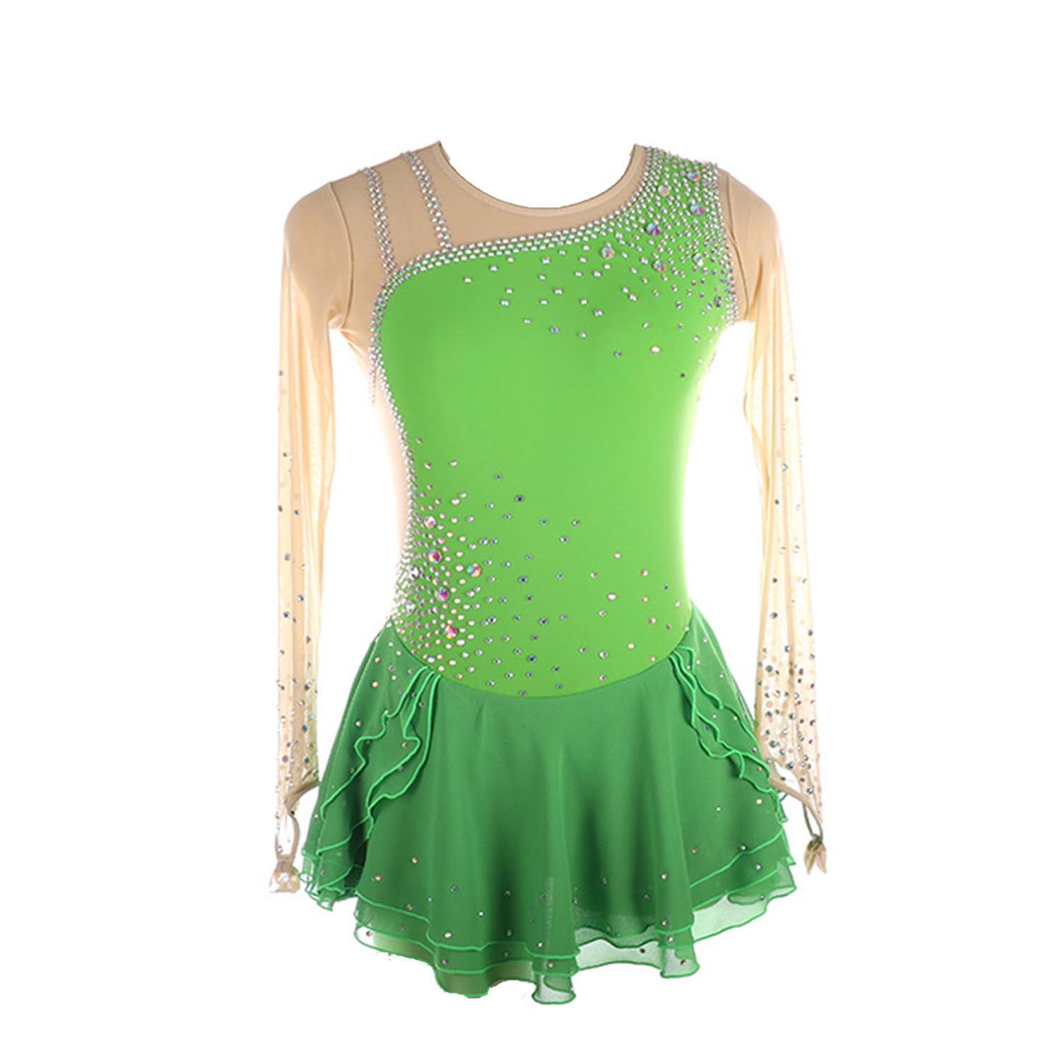 Eislaufkleider Mädchen Glitzer Eiskunstlauf Kleid Damen Langarm Kürkleid Strass Rollkunstlauf Wettbewerb Tanzanzug Ballerina Kleid,Grün,S