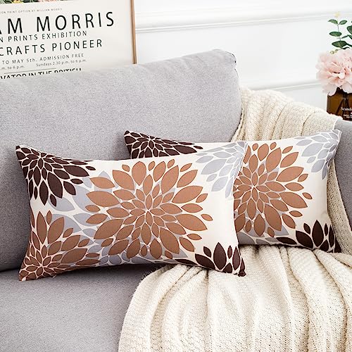 Housses de Coussin 30x50cm Marron et Gris Fleur Simple Durable Lin Imprimé Géométrique Abstraite...