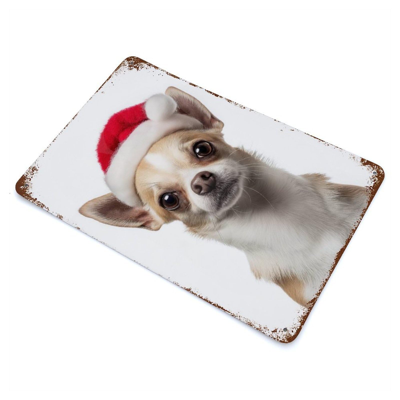 Chihuahua Dog with Santa Hat Portrait Aged Metal Wall Plaque 11.8"x7.9", Industrial Home Decor for Pub, Kitchen And Man Cave Decor