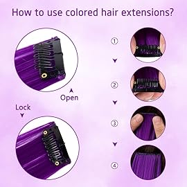 20 Inch Colored Hair Extensions Party Highlights Straight Colorful Clip In Hair Extensions Synthetic Rainbow Hairpieces for Girls Kids Gift(10Pcs Purple)