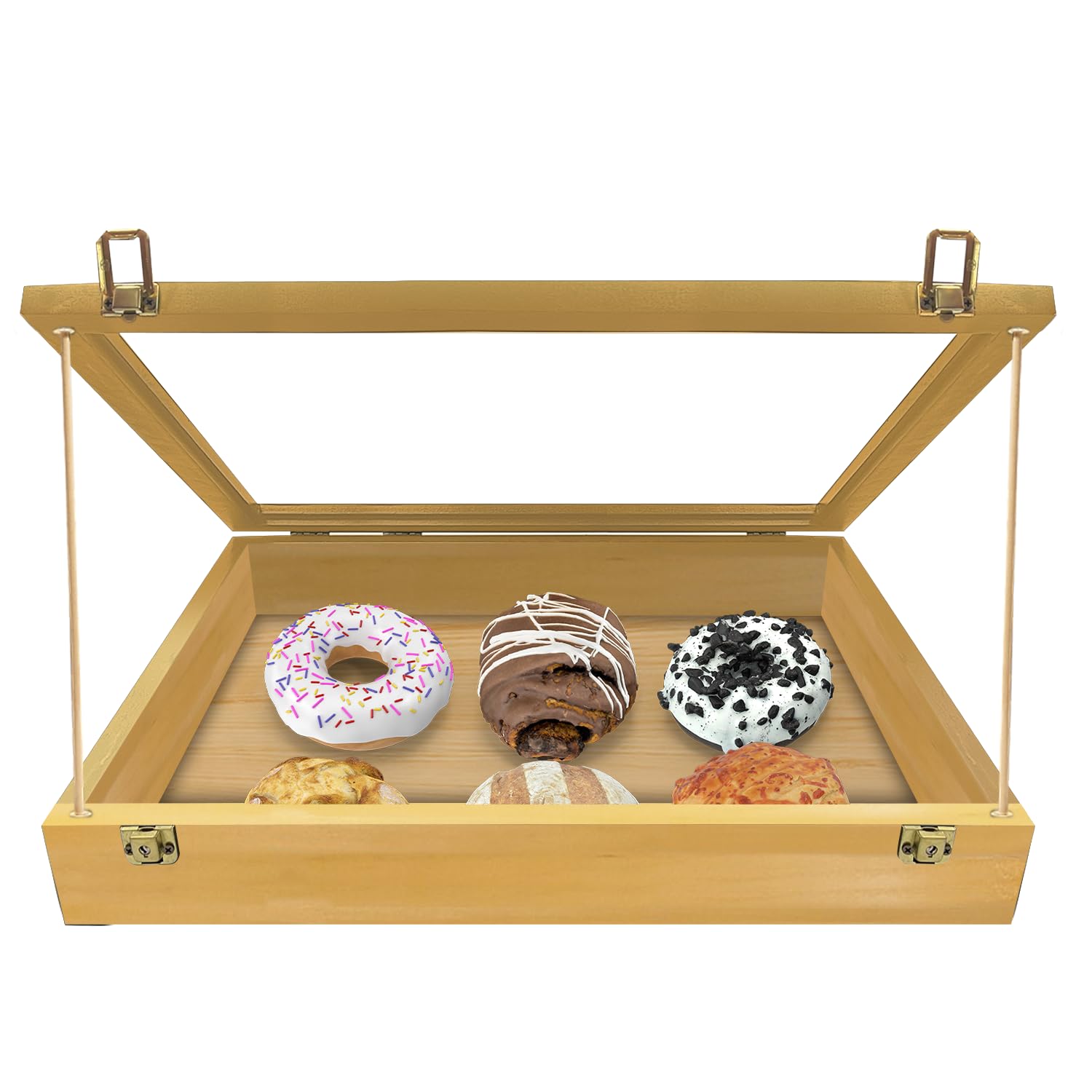 PENNZONI Trade Show Display Case - Small Tabletop Display , Baseball Card Display Case, Small Trading Card Collector Display Case , Acrylic Display Case w/Wooden Dowels | Golden Oak with No Felt