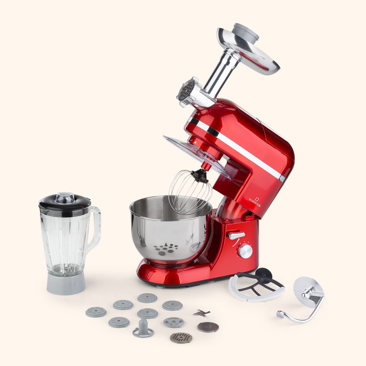 Klarstein Lucia Elegance wielofunkcyjny robot kuchenny - mikser, mikser i maszynka do mielenia mięsa, 1800 watów na 6 poziomach mocy, funkcja pulsacyjna, miska ze stali nierdzewnej 5 l