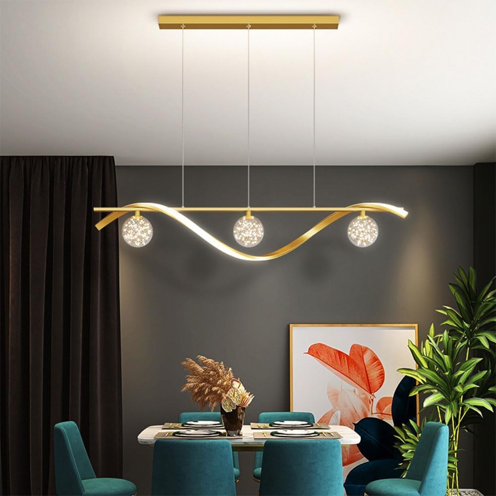ASerZenith Wraparound Linear Led Chandelier 30W Pendant Lamp With Glass Balls Led Hanging Lamp Minimalist Indoor Lighting Dimmable Long Home Decor Adjustable Contemporary Lighting,Gold-White Light