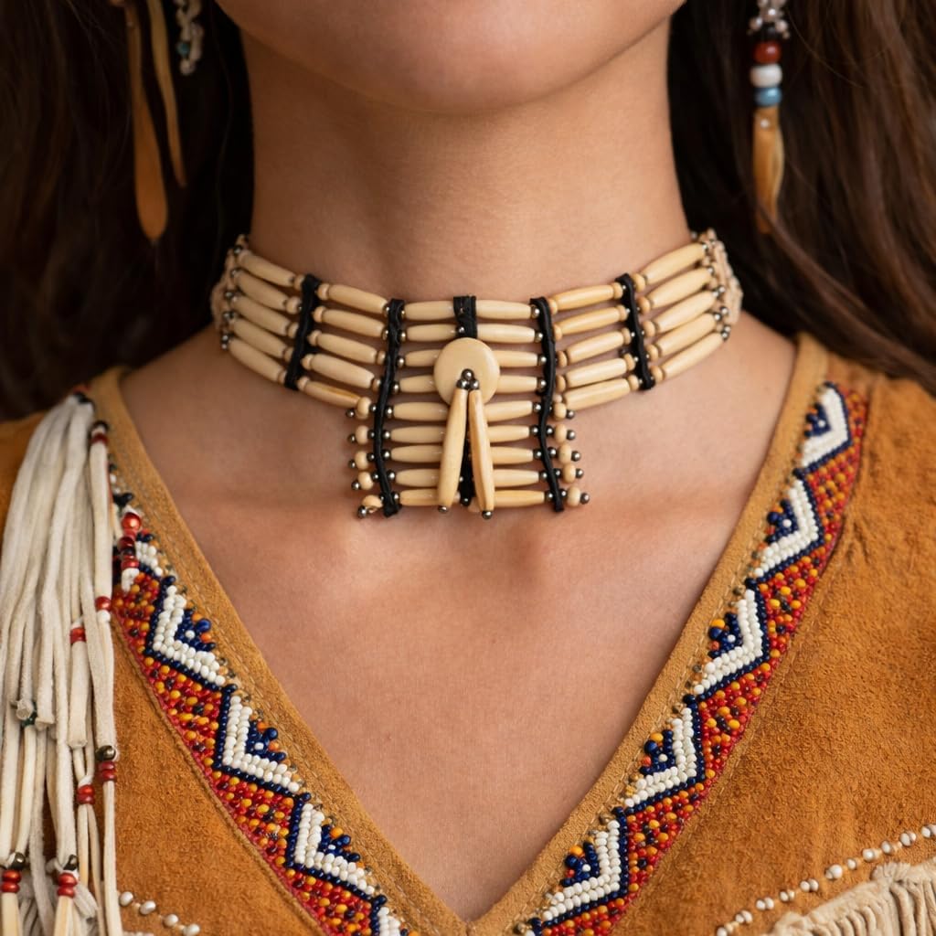 Native Style Bone Choker Necklace - Adjustable Tribal Inspired Bone Bead Choker with Leather Feathers Glass Beads - Costume Craft Jewelry - Assorted/Random Colors and Designs