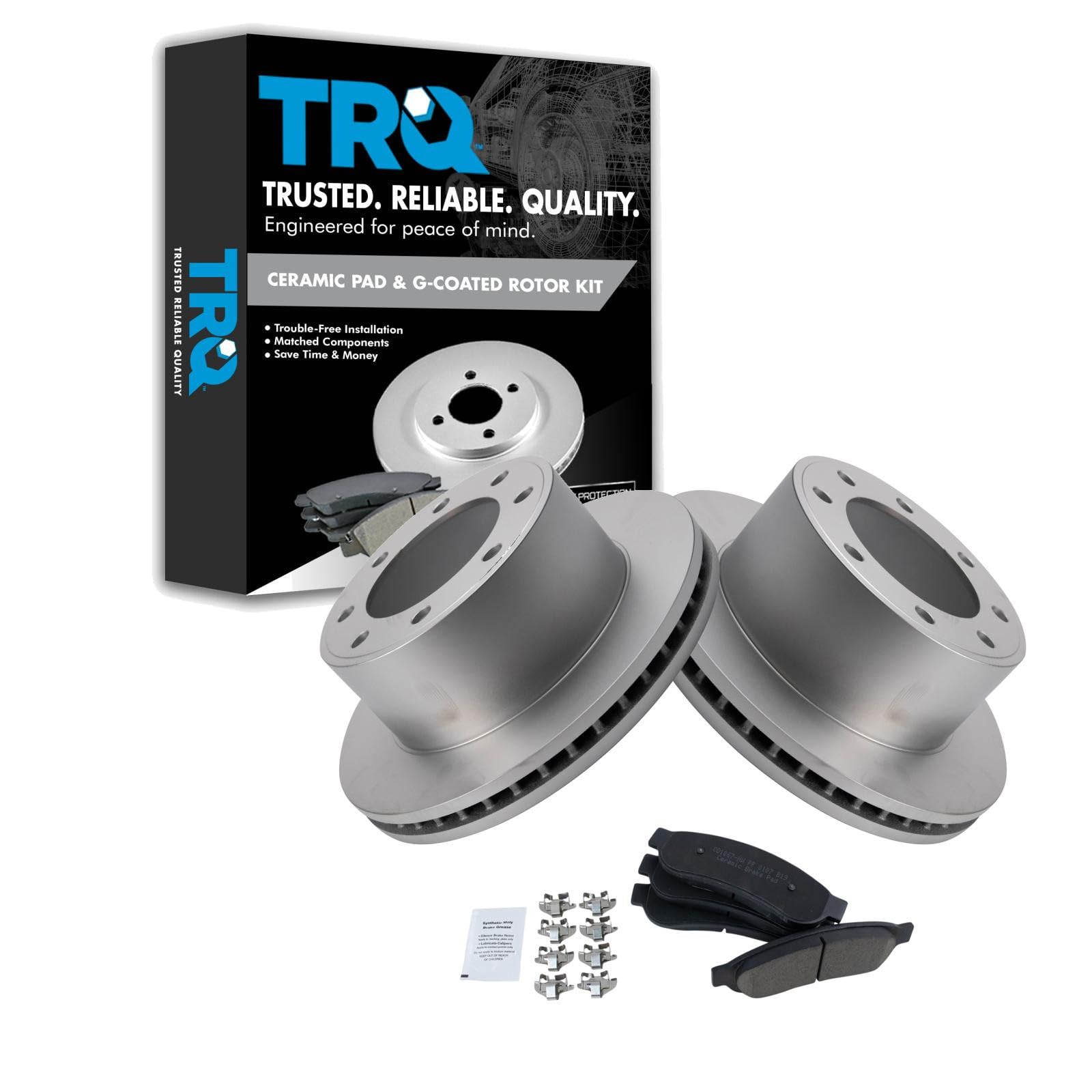 TRQ Rear Brake Pad &amp; Rotor Kit Ceramic Premium G-Coated Compatible with 2008-2012 Ford F-250 Super Duty F-350 Super Duty
