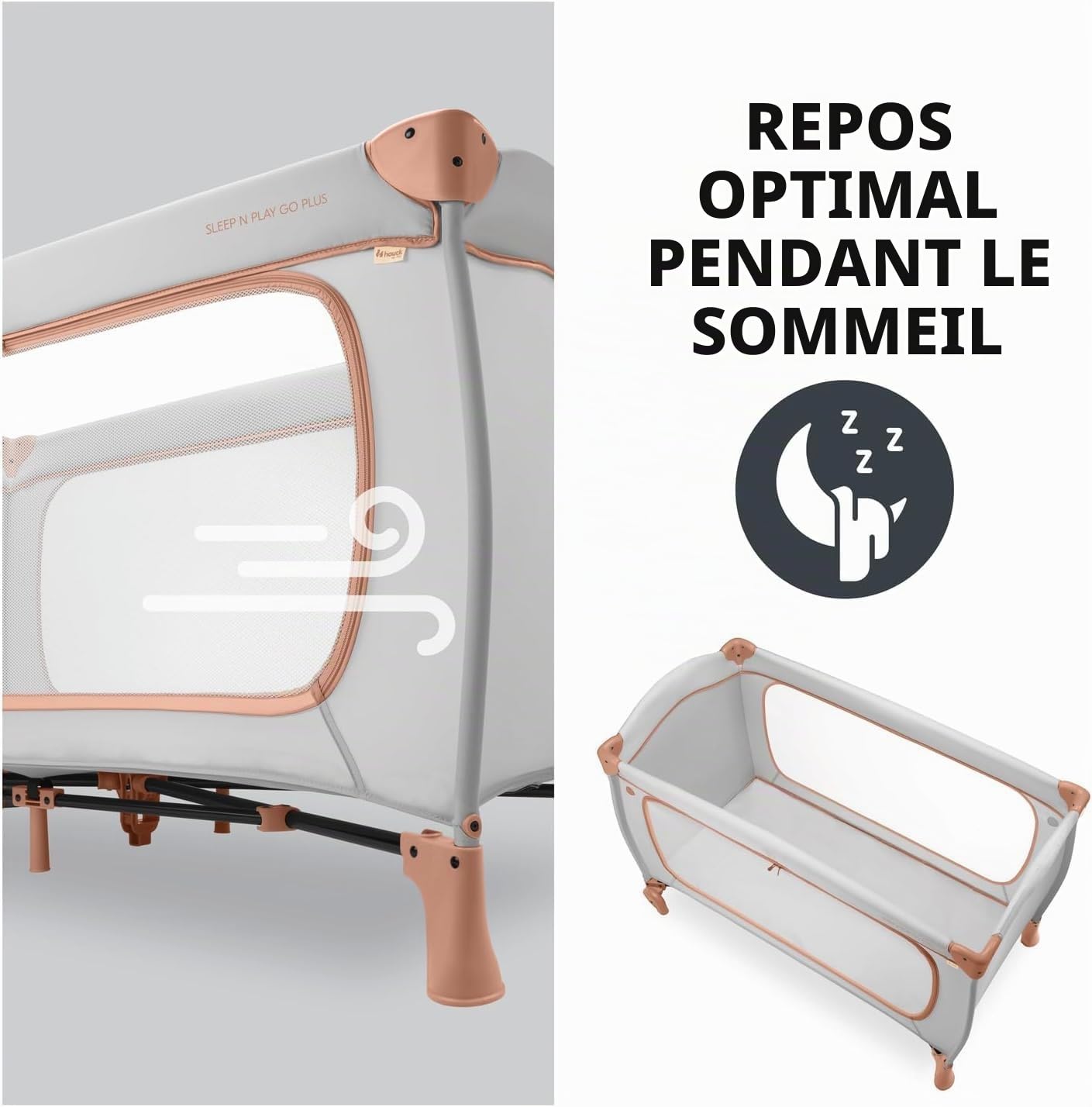hauck Lit Parapluie avec Ouverture et Roues Sleep N Play Go Plus Dusty Cork | Pliage compact. sac de transport I De la naissance à 15 kg/3 ans, lit bébé et parc (sans matelas)