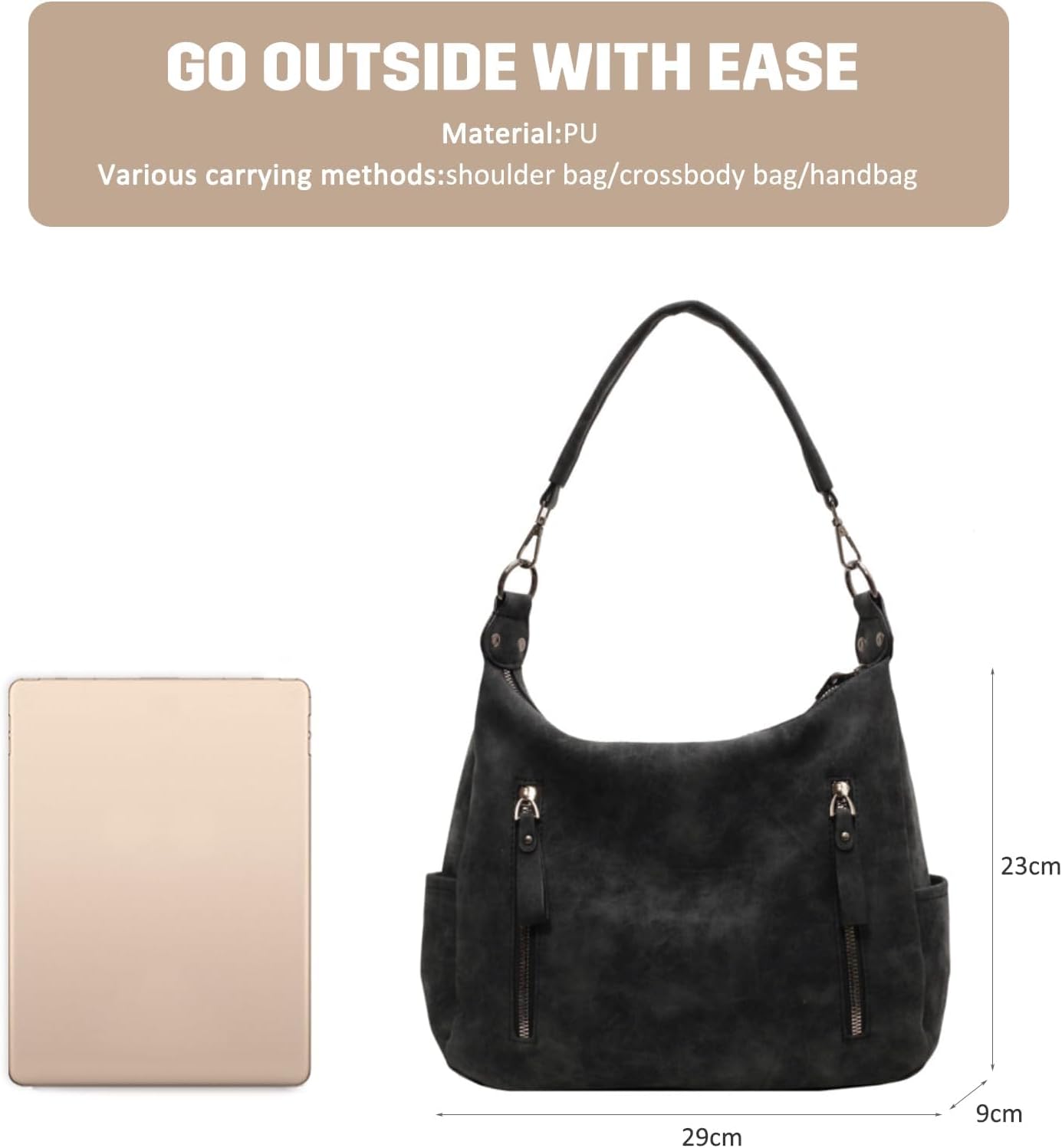 Shoulder Bag for Women with Adjustable Shoulder Strap, Lightweight Crossbody Handbag with Zip for Work Travel, Black - Image 6