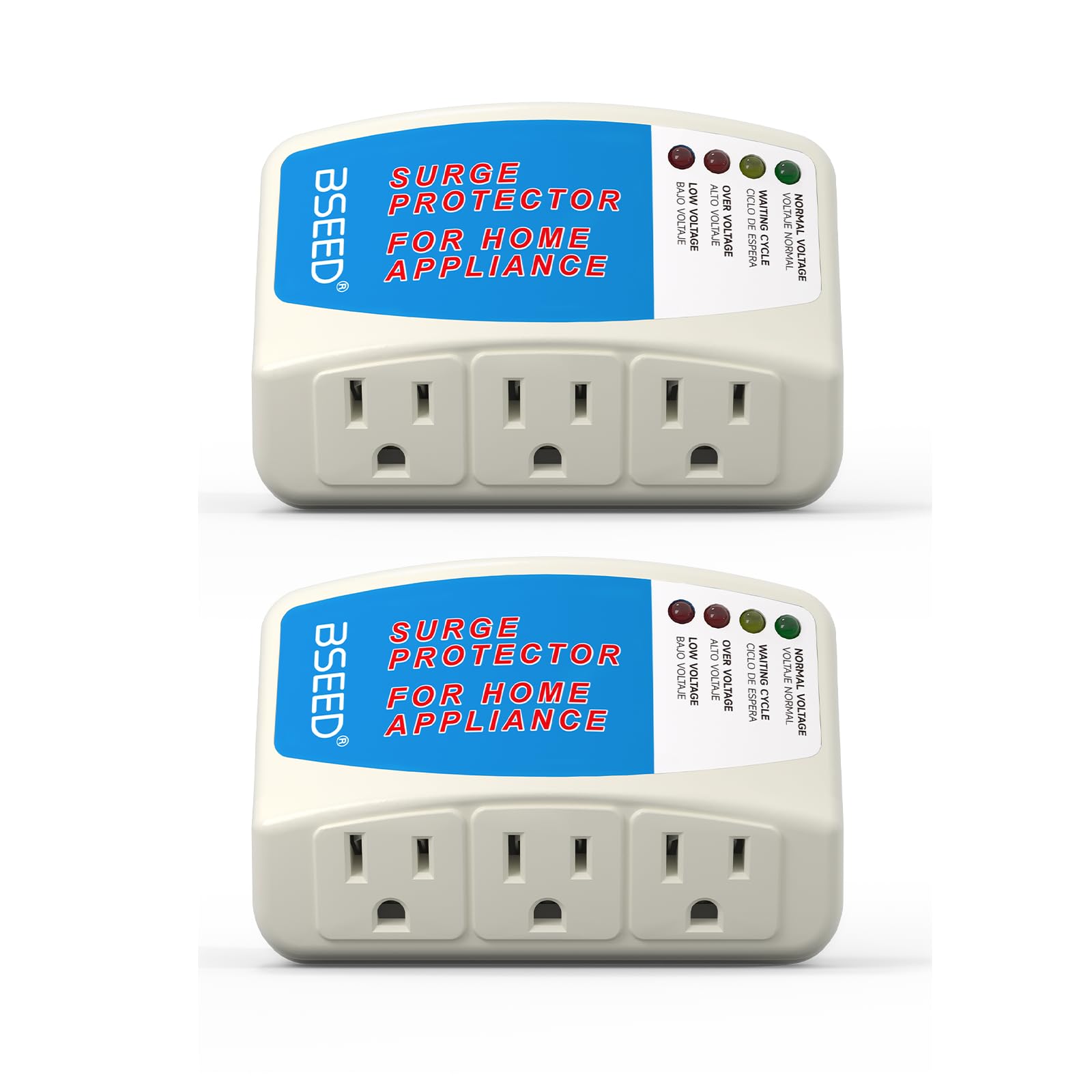 BSEED Home Appliance Surge Protector, Surge Protector for Refrigerator Wall Mount Three Plugs with Protection Low/High Voltage Protector Brownout Outlet Plug in 125V, 1875W, 2 Pack