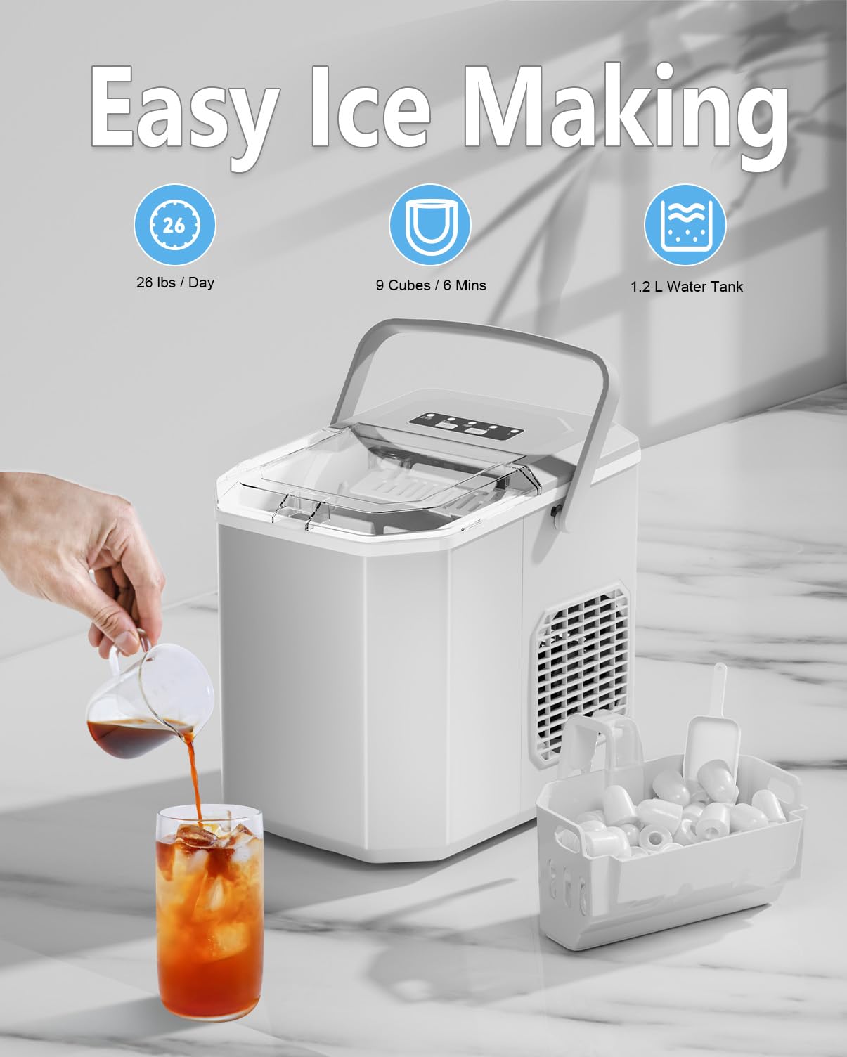 Countertop Ice Maker, Portable Ice Machine With Carry Handle, Self-Cleaning Ice Makers With Basket And Scoop, 9 Cubes In 6 Mins, 26 Lbs Per Day, Ideal For Home, Kitchen, Camping, RV on Fridge.com - View 2