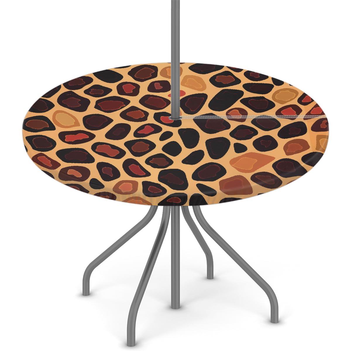 Woltant Round Tablecloth with Parasol Hole and Zipper Wipe Clean Table Cover with Elastic Edges Outdoor Table Protector for Garden Patio BBQ (Giraffe Skin)