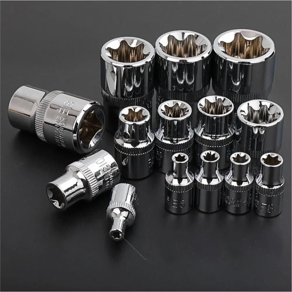 14 szt. Zestaw nasadek żeńskich E-TORX Star E4 - E24 dynamometrycznych 1/4"Dr. 3/8"Dr. 1/2" dr Zestaw przedłużek