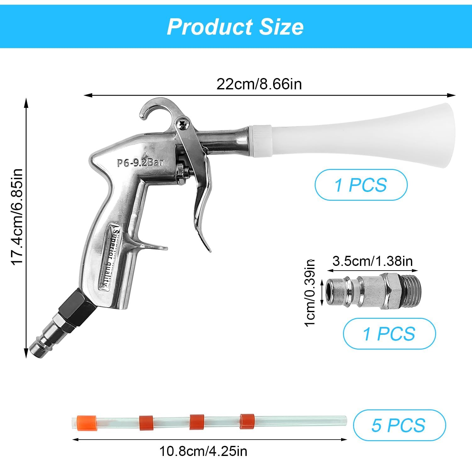 Pistolet do czyszczenia na sprężone powietrze, pistolet na sprężone powietrze, pistolet pneumatyczny do wydmuchiwania sprężonego powietrza, 6-9,2 bara Pressluftpistole z 5 wężem, skutecznie usuwa brud