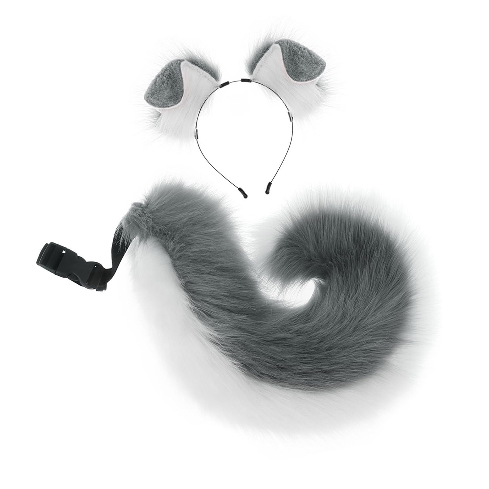 2Pcs Animal Dog Costume Set: Ears Headband and Faux Tail Party Accessories Faux Furs Tail, Gray, One Size