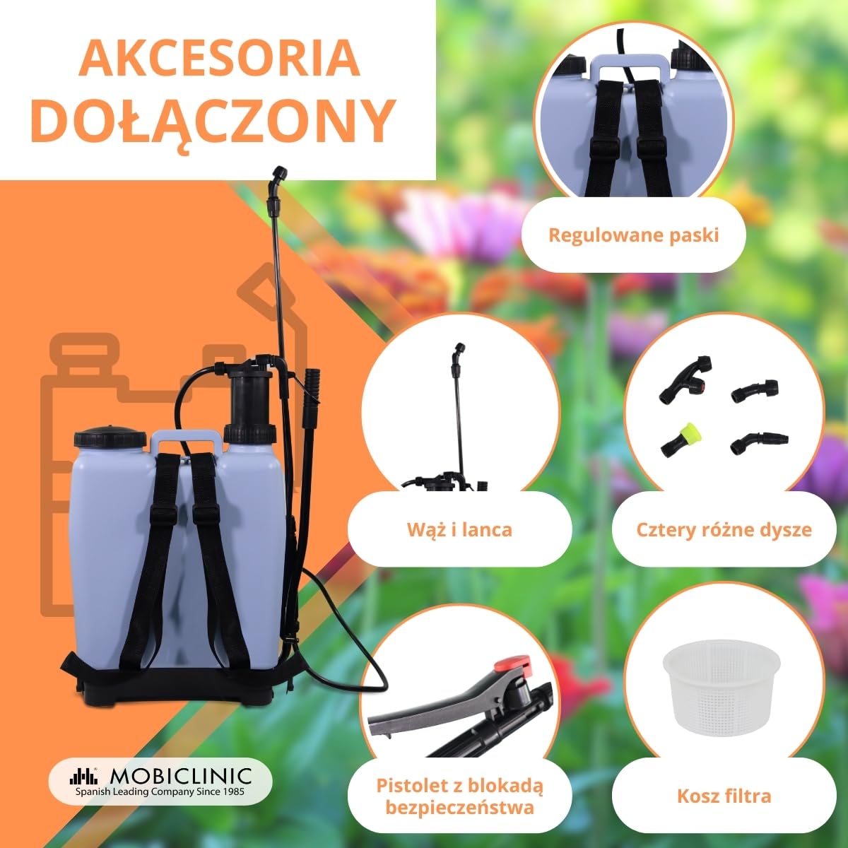 Mobiclinic®, Plecak opryskiwacz, 16 L, Ogrodnictwo, Ciśnienie Pompy, 4 Regulowane Dysze, Lekki 2 kg, Opryskiwacz, Nawadnianie, Zwalczanie Szkodników, Pielęgnacja Roślin, Fumibug