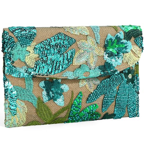 XquiziFit Floral Beaded Clutch Embroidery Sequin Beaded Purse Small Evening Clutch Purses for Women Light Green Clutch