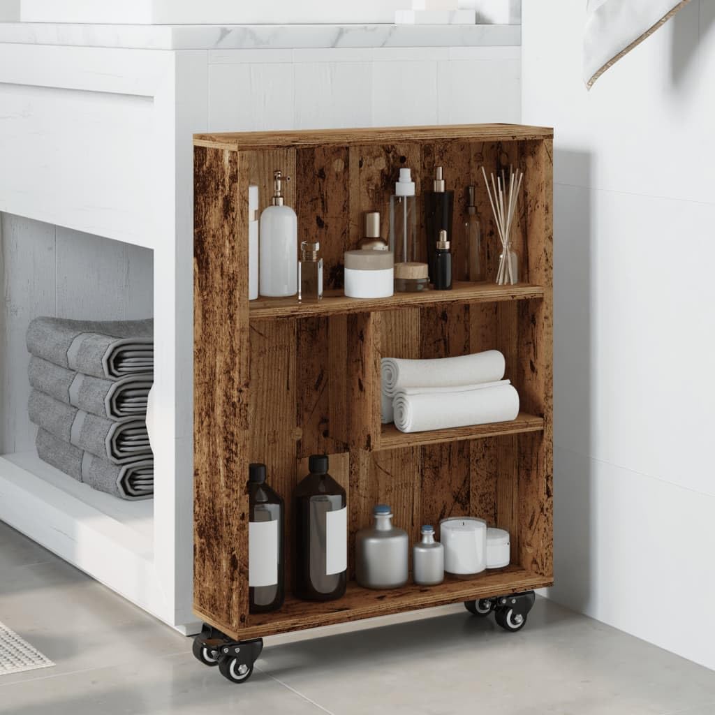 Carro de almacenamiento fino de madera envejecida (48 x 13 x 68 cm, con ruedas bloqueables, para carro de almacenamiento estrecho con ruedas giratorias y carro de cocina estrecho