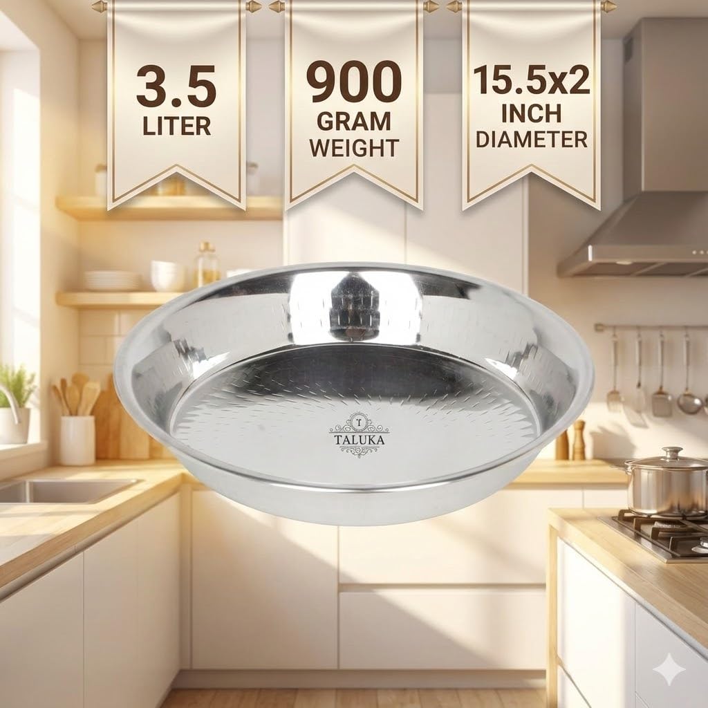 Taluka 40 CM Stainless Steel Hammered Parat/Plate/Platter for Dough 3.5 Liter Big Size Flour Kneading Atta Kitchen 900 Gram 15.7x2 Inch Silver