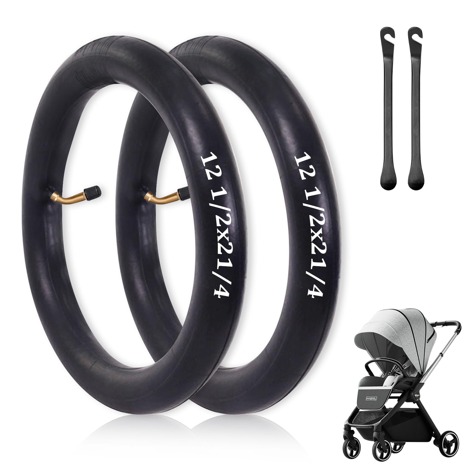 2pcs Cámaras de Aire Reforzada 12 Pulgadas, 12 1/2 x2 1/4 Cámaras Rueda con Válvula de 45°con 2 Palo de Neumático, Cámara de Aire 12 Pulgadas para Niños, Plegables, Karts a Pedales, Cochecitos