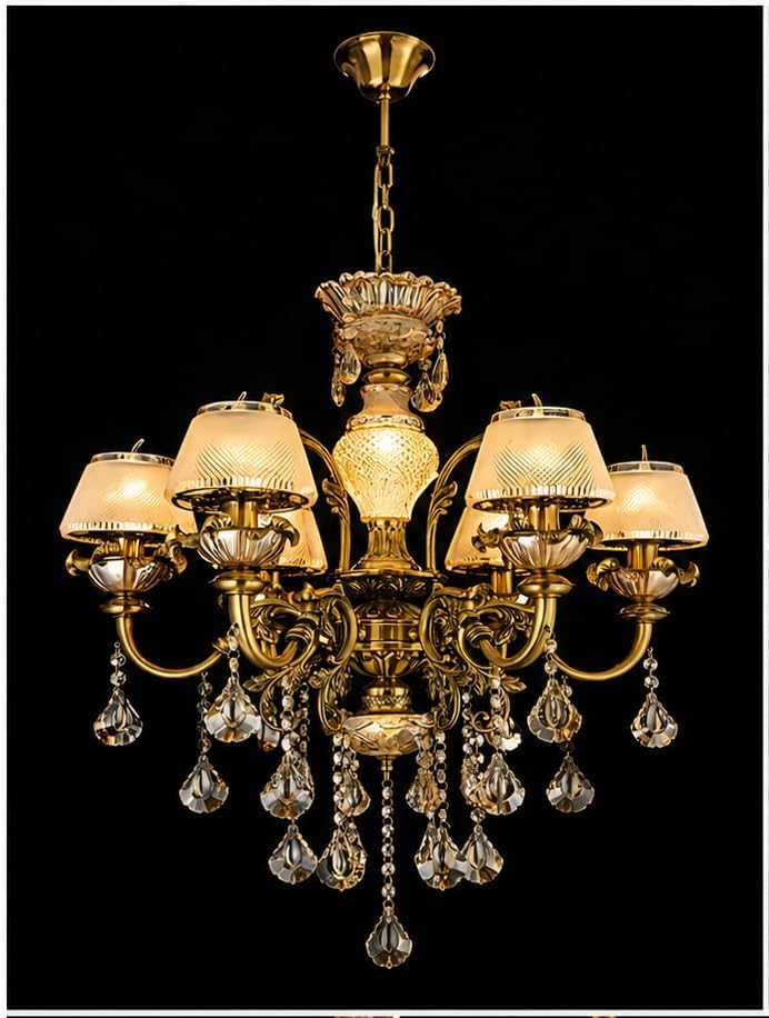 Image of Italian Chandelier Lamp, Antique Gold Finish, 6-Light Hanging Light with Six Big Head Decorative Crystals with Filament Bulb (Multicolor, 6 * 5W)(Corded Electric, Glass)