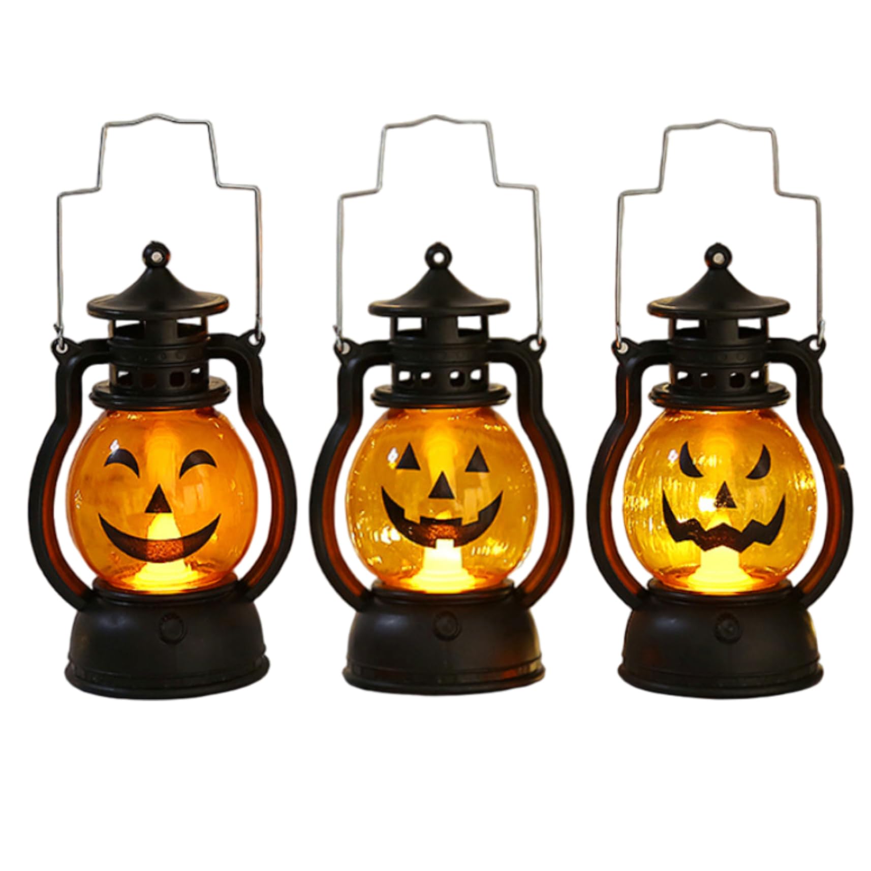 Ameble 3Pcs Pumpkin Lantern with Handle Cute Expression Halloween Lantern with LED Light for Halloween Party Decorations Indoor & Outdoor