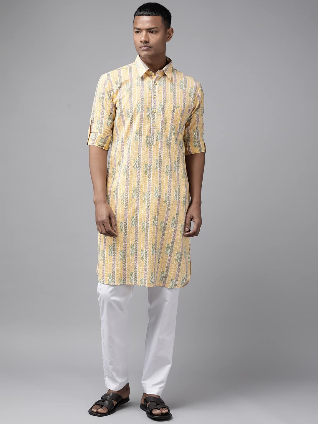 See Designs Yellow Regular Pure Cotton Pathani Printed Men's Kurta_Sdpkt1160Xxl