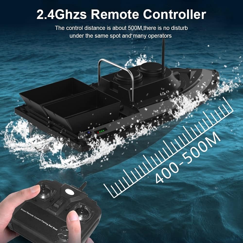 Image of the 2.4GHz remote controller with the bait boat in water, indicating a 400-500m control range