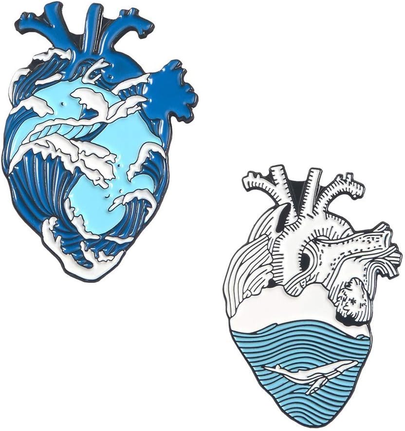 2Pcs Blue Romantic Ocean Wave Whale Brooch Human Heart Enamel Pin Lapel pins Heart Anatomy Badges