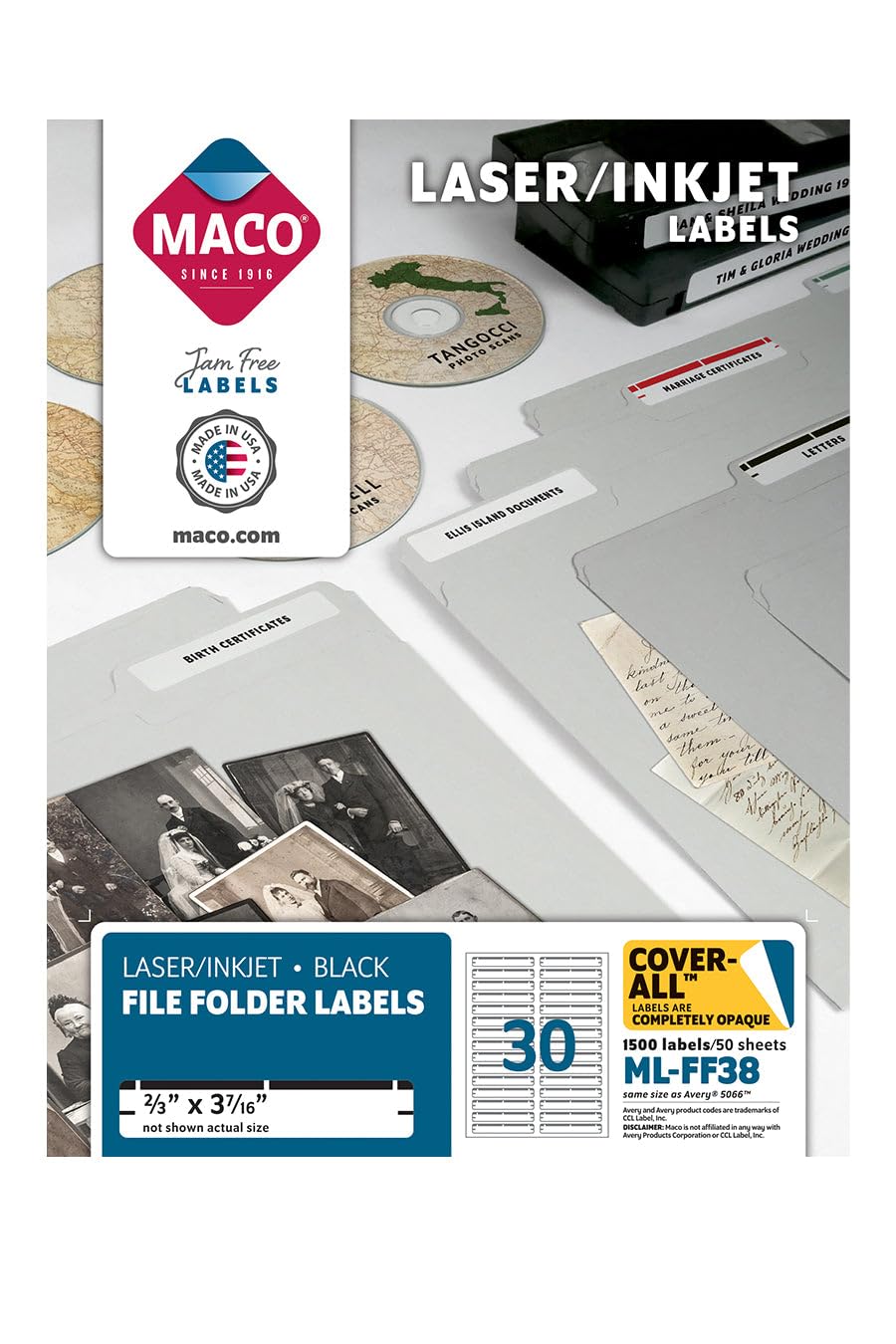 Maco laser/Ink Jet Black file Folder Labels, 2/3 x 3 – 7/40,6 cm, 30 per Sheet, 1500 per box (ml-ff38)