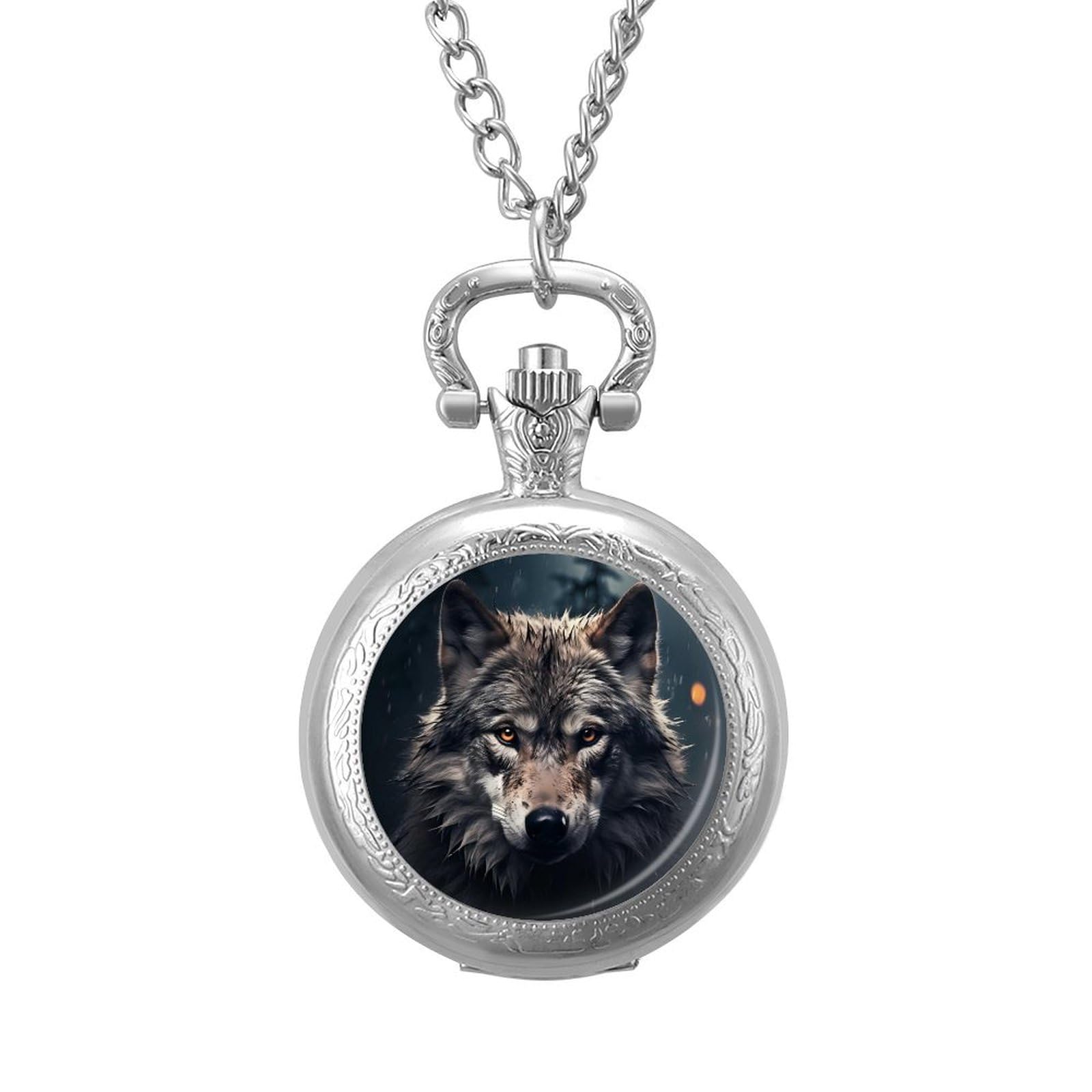 Night Scene with Wolf Stormy Sky Vintage Pocket Watch with Chain Numerals Scale Christmas Graduation Birthday Gifts Valentine's Day Silver-Style