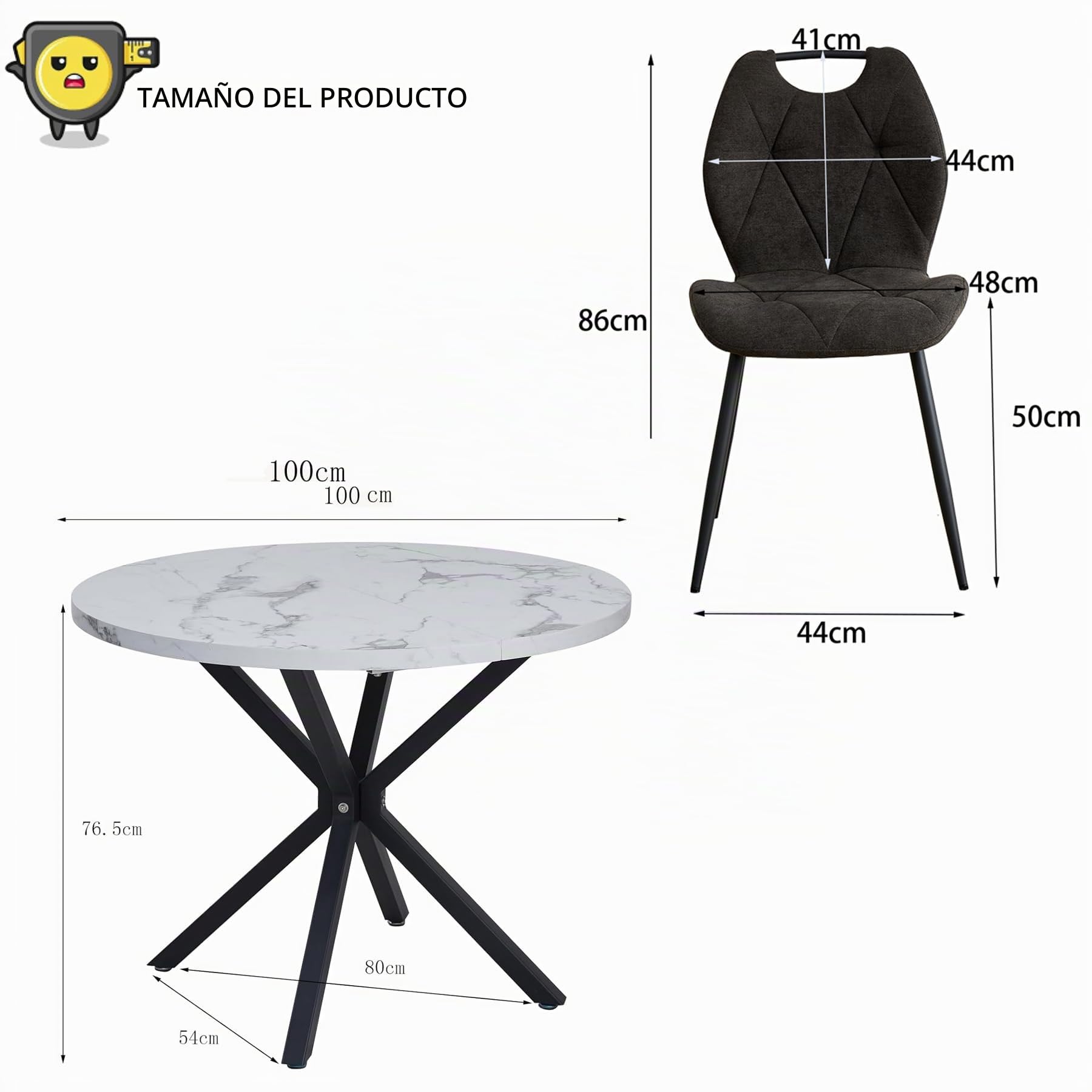 GrandCA HOME Juego de Mesa y Sillas de Comedor, Mesa Redonda de 100 cm con 4 Sillas Tapizadas Modernas, Ideal para Comedores y Cocinas Sala de Estar (Estampado de Mármol + Negro)