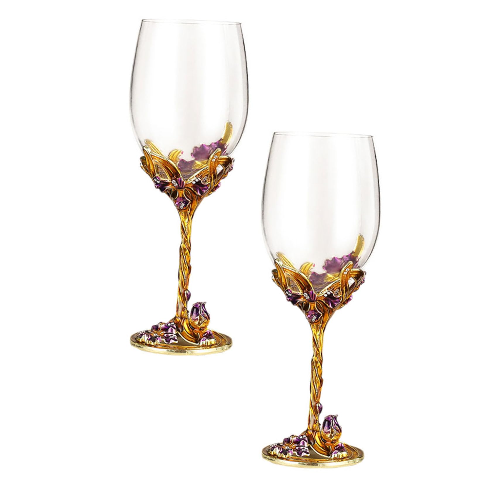 Copas de Vino Esmaltadas Doradas 2 Piezas Cristal Transparente Diseño de Flor Iris Cristalería para Hogar Boda y Bar Vasos Decorativos para Whisky y Celebraciones